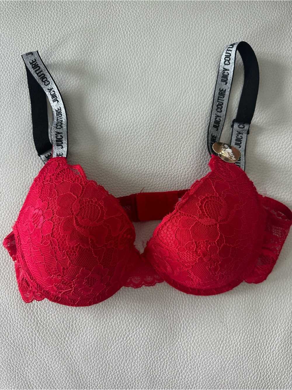 Juicy Couture Red Lace Push Up Bra with Logo Shimmer Straps - New - 34B
